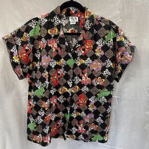 RM Hawaiian Shirt Womens Asian Frog Print Size Large Black Colorful
